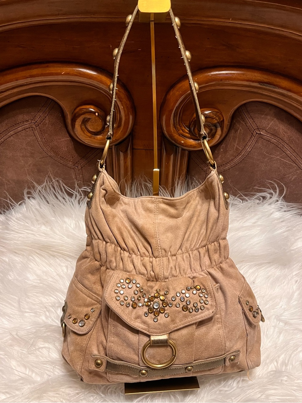 Kathy Van Zeeland Beige Studded Suede Shoulder Bag